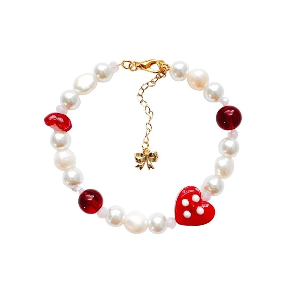 handmade pearl bracelet red heart bow charm gold stainless steel lampwork beads